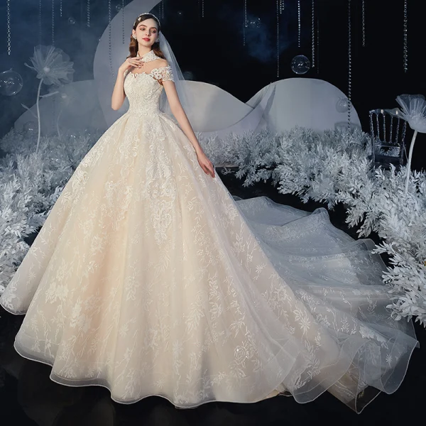 Chinese style Champagne Bridal Wedding Dresses 2020 Ball Gown See-through High Neck Sleeveless Backless Appliques Lace Glitter Tulle Chapel Train Ruffle