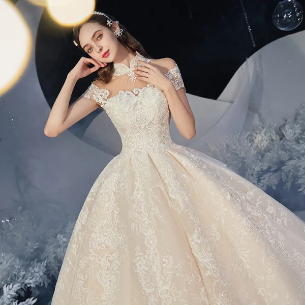 Chinese style Champagne Bridal Wedding Dresses 2020 Ball Gown See-through High Neck Sleeveless Backless Appliques Lace Glitter Tulle Chapel Train Ruffle