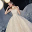 Chinese style Champagne Bridal Wedding Dresses 2020 Ball Gown See-through High Neck Sleeveless Backless Appliques Lace Glitter Tulle Chapel Train Ruffle