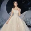 Chinese style Champagne Bridal Wedding Dresses 2020 Ball Gown See-through High Neck Sleeveless Backless Appliques Lace Glitter Tulle Chapel Train Ruffle