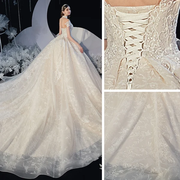 Chinese style Champagne Bridal Wedding Dresses 2020 Ball Gown See-through High Neck Sleeveless Backless Appliques Lace Glitter Tulle Chapel Train Ruffle