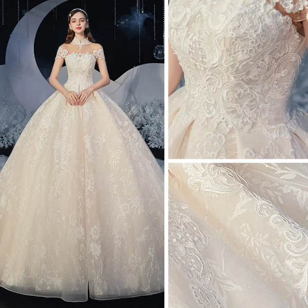 Chinese style Champagne Bridal Wedding Dresses 2020 Ball Gown See-through High Neck Sleeveless Backless Appliques Lace Glitter Tulle Chapel Train Ruffle