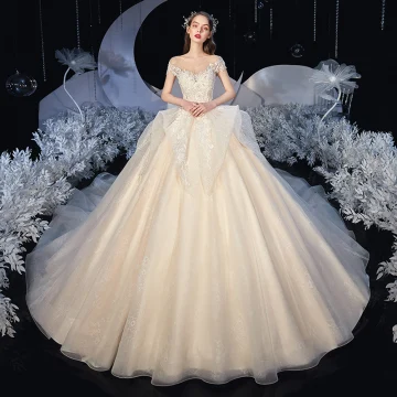 Romantique Champagne La Mariée Robe De Mariée 2020 Princesse Transparentes Encolure Dégagée Sans Manches Dos Nu Appliques En Dentelle Perlage Glitter Tulle Chapel Train Volants