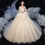 Romantique Champagne La Mariée Robe De Mariée 2020 Princesse Transparentes Encolure Dégagée Sans Manches Dos Nu Appliques En Dentelle Perlage Glitter Tulle Chapel Train Volants