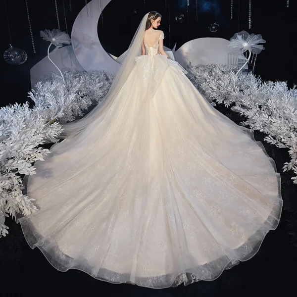 Romantique Champagne La Mariée Robe De Mariée 2020 Princesse Transparentes Encolure Dégagée Sans Manches Dos Nu Appliques En Dentelle Perlage Glitter Tulle Chapel Train Volants