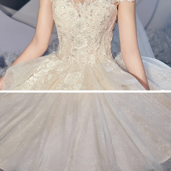 Romantique Champagne La Mariée Robe De Mariée 2020 Princesse Transparentes Encolure Dégagée Sans Manches Dos Nu Appliques En Dentelle Perlage Glitter Tulle Chapel Train Volants