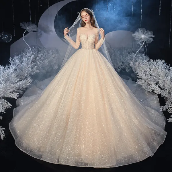 Best Champagne Bridal Wedding Dresses 2020 Ball Gown See-through Scoop Neck Long Sleeve Backless Beading Glitter Tulle Cathedral Train Ruffle