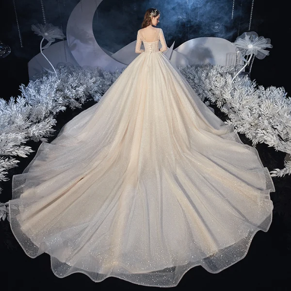 Best Champagne Bridal Wedding Dresses 2020 Ball Gown See-through Scoop Neck Long Sleeve Backless Beading Glitter Tulle Cathedral Train Ruffle