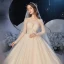 Best Champagne Bridal Wedding Dresses 2020 Ball Gown See-through Scoop Neck Long Sleeve Backless Beading Glitter Tulle Cathedral Train Ruffle