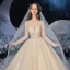 Best Champagne Bridal Wedding Dresses 2020 Ball Gown See-through Scoop Neck Long Sleeve Backless Beading Glitter Tulle Cathedral Train Ruffle