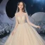 Best Champagne Bridal Wedding Dresses 2020 Ball Gown See-through Scoop Neck Long Sleeve Backless Beading Glitter Tulle Cathedral Train Ruffle