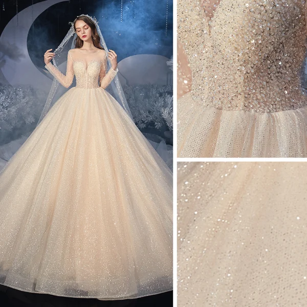 Best Champagne Bridal Wedding Dresses 2020 Ball Gown See-through Scoop Neck Long Sleeve Backless Beading Glitter Tulle Cathedral Train Ruffle