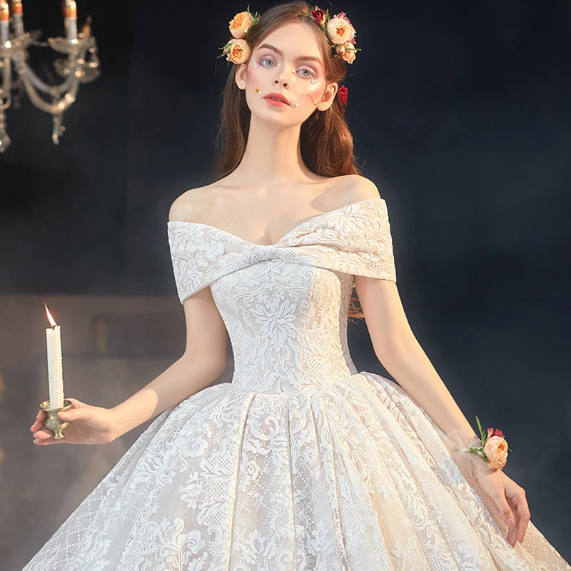 Luxury Gorgeous Champagne Lace Bridal Wedding Dresses 2020 Ball Gown Off  The Shoulder Short Sleeve Backless Appliques Lace Cathedral Train Ruffle