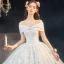 Luxury / Gorgeous Champagne Lace Bridal Wedding Dresses 2020 Ball Gown Off-The-Shoulder Short Sleeve Backless Appliques Lace Cathedral Train Ruffle