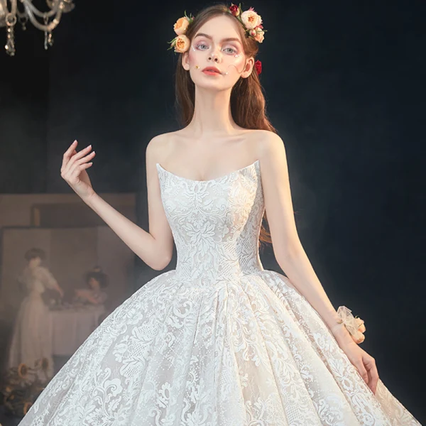 Luxury / Gorgeous Champagne Lace Bridal Wedding Dresses 2020 Ball Gown Off-The-Shoulder Short Sleeve Backless Appliques Lace Cathedral Train Ruffle