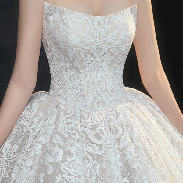 Luxury / Gorgeous Champagne Lace Bridal Wedding Dresses 2020 Ball Gown Off-The-Shoulder Short Sleeve Backless Appliques Lace Cathedral Train Ruffle