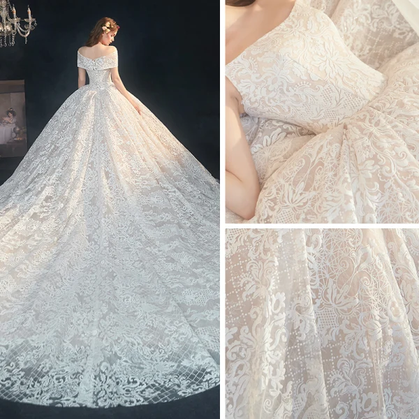 Luxury / Gorgeous Champagne Lace Bridal Wedding Dresses 2020 Ball Gown Off-The-Shoulder Short Sleeve Backless Appliques Lace Cathedral Train Ruffle