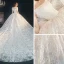 Luxury / Gorgeous Champagne Lace Bridal Wedding Dresses 2020 Ball Gown Off-The-Shoulder Short Sleeve Backless Appliques Lace Cathedral Train Ruffle