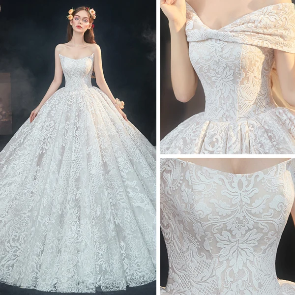 Luxury / Gorgeous Champagne Lace Bridal Wedding Dresses 2020 Ball Gown Off-The-Shoulder Short Sleeve Backless Appliques Lace Cathedral Train Ruffle