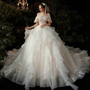 Romantic Champagne Bridal Wedding Dresses 2020 Ball Gown Off The Shoulder Short Sleeve Backless Appliques Lace Beading Sequins Glitter Tulle Cathedral Train Ruffle