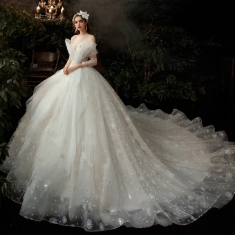 Fabulous Champagne Bridal Wedding Dresses 2020 Ball Gown Off The Shoulder 3 4 Sleeve Backless Appliques Lace Sequins Cathedral Train Ruffle