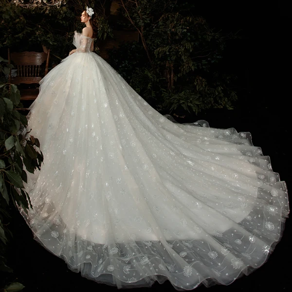Fabulous Champagne Bridal Wedding Dresses 2020 Ball Gown Off-The-Shoulder 3/4 Sleeve Backless Appliques Lace Sequins Cathedral Train Ruffle