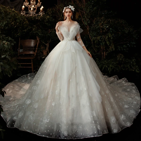 Fabulous Champagne Bridal Wedding Dresses 2020 Ball Gown Off-The-Shoulder 3/4 Sleeve Backless Appliques Lace Sequins Cathedral Train Ruffle