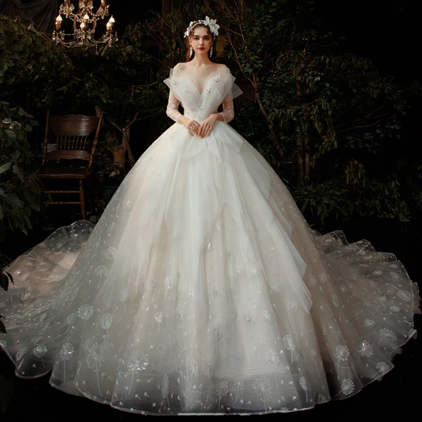 Fabulous Champagne Bridal Wedding Dresses 2020 Ball Gown Off-The-Shoulder 3/4 Sleeve Backless Appliques Lace Sequins Cathedral Train Ruffle