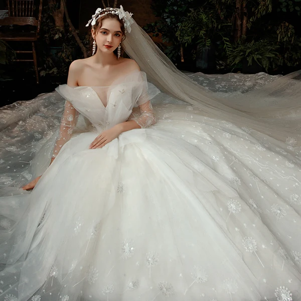 Fabulous Champagne Bridal Wedding Dresses 2020 Ball Gown Off-The-Shoulder 3/4 Sleeve Backless Appliques Lace Sequins Cathedral Train Ruffle