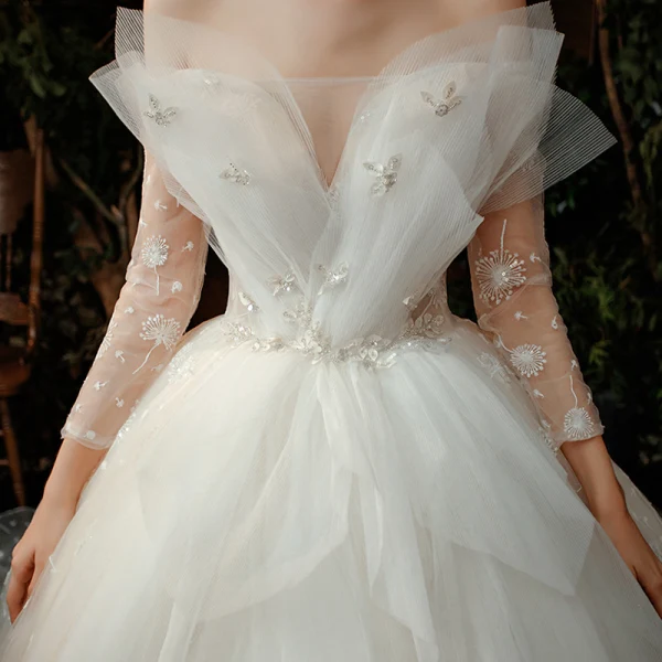Fabulous Champagne Bridal Wedding Dresses 2020 Ball Gown Off-The-Shoulder 3/4 Sleeve Backless Appliques Lace Sequins Cathedral Train Ruffle