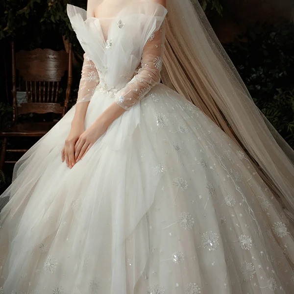 Fabulous Champagne Bridal Wedding Dresses 2020 Ball Gown Off-The-Shoulder 3/4 Sleeve Backless Appliques Lace Sequins Cathedral Train Ruffle