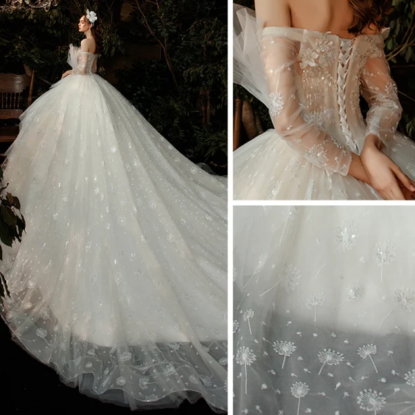 Fabulous Champagne Bridal Wedding Dresses 2020 Ball Gown Off-The-Shoulder 3/4 Sleeve Backless Appliques Lace Sequins Cathedral Train Ruffle