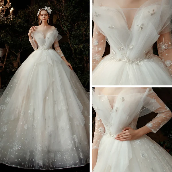 Fabulous Champagne Bridal Wedding Dresses 2020 Ball Gown Off-The-Shoulder 3/4 Sleeve Backless Appliques Lace Sequins Cathedral Train Ruffle
