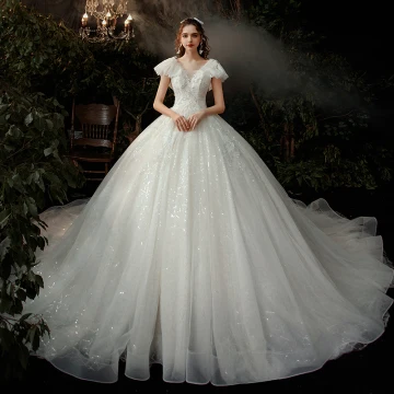 Chic Belle Ivoire La Mariée Robe De Mariée 2020 Empire V Cou Manches Courtes Dos Nu Perlage Paillettes Cathedral Train Volants