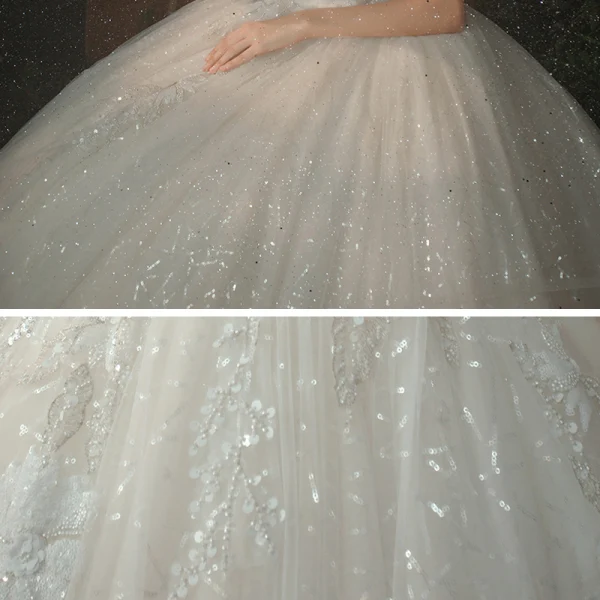 Chic / Belle Ivoire La Mariée Robe De Mariée 2020 Empire V-Cou Manches Courtes Dos Nu Perlage Paillettes Cathedral Train Volants