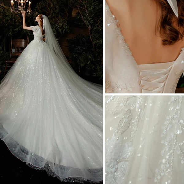 Chic / Belle Ivoire La Mariée Robe De Mariée 2020 Empire V-Cou Manches Courtes Dos Nu Perlage Paillettes Cathedral Train Volants