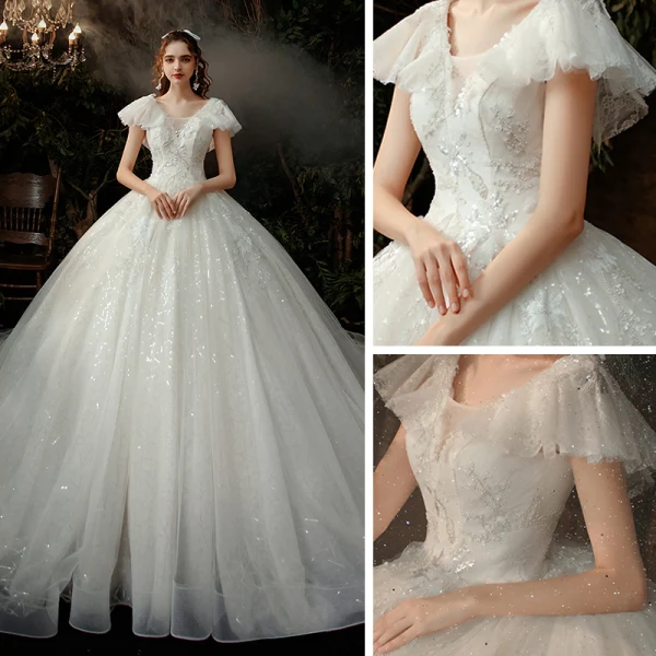 Chic / Belle Ivoire La Mariée Robe De Mariée 2020 Empire V-Cou Manches Courtes Dos Nu Perlage Paillettes Cathedral Train Volants