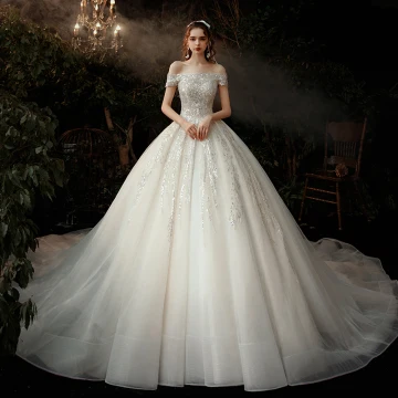 Chic Belle Champagne La Mariée Robe De Mariée 2020 Robe Boule De L 039 Épaule Manches Courtes Dos Nu Appliques Paillettes Cathedral Train Volants