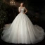 Chic / Belle Champagne La Mariée Robe De Mariée 2020 Robe Boule De l'épaule Manches Courtes Dos Nu Appliques Paillettes Cathedral Train Volants