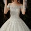 Chic / Belle Champagne La Mariée Robe De Mariée 2020 Robe Boule De l'épaule Manches Courtes Dos Nu Appliques Paillettes Cathedral Train Volants