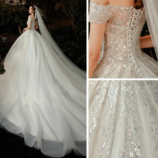 Chic / Belle Champagne La Mariée Robe De Mariée 2020 Robe Boule De l'épaule Manches Courtes Dos Nu Appliques Paillettes Cathedral Train Volants
