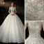 Chic / Belle Champagne La Mariée Robe De Mariée 2020 Robe Boule De l'épaule Manches Courtes Dos Nu Appliques Paillettes Cathedral Train Volants