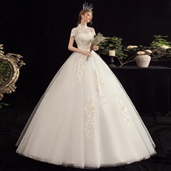 Affordable Champagne Wedding Dresses 2020 Ball Gown See Through High Neck Short Sleeve Appliques Lace Beading Pearl Sequins Floor Length Long Ruffle