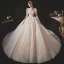 Vintage / Retro Champagne Bridal Wedding Dresses 2020 Ball Gown Square Neckline Short Sleeve Backless Glitter Appliques Lace Cathedral Train Ruffle