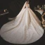 Vintage / Retro Champagne Bridal Wedding Dresses 2020 Ball Gown Square Neckline Short Sleeve Backless Glitter Appliques Lace Cathedral Train Ruffle