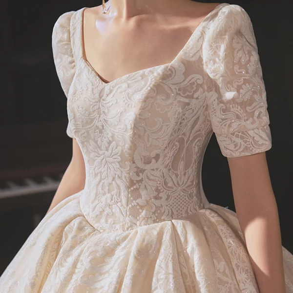 Vintage / Retro Champagne Bridal Wedding Dresses 2020 Ball Gown Square Neckline Short Sleeve Backless Glitter Appliques Lace Cathedral Train Ruffle