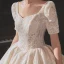 Vintage / Retro Champagne Bridal Wedding Dresses 2020 Ball Gown Square Neckline Short Sleeve Backless Glitter Appliques Lace Cathedral Train Ruffle
