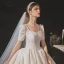 Vintage / Retro Champagne Bridal Wedding Dresses 2020 Ball Gown Square Neckline Short Sleeve Backless Glitter Appliques Lace Cathedral Train Ruffle