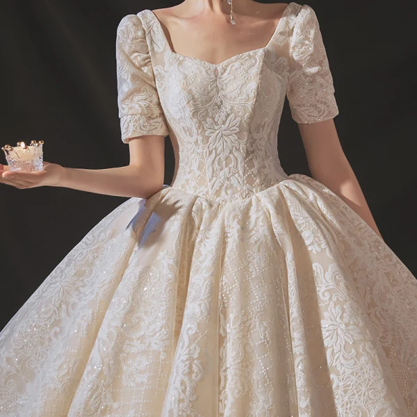 Vintage / Retro Champagne Bridal Wedding Dresses 2020 Ball Gown Square Neckline Short Sleeve Backless Glitter Appliques Lace Cathedral Train Ruffle