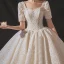 Vintage / Retro Champagne Bridal Wedding Dresses 2020 Ball Gown Square Neckline Short Sleeve Backless Glitter Appliques Lace Cathedral Train Ruffle